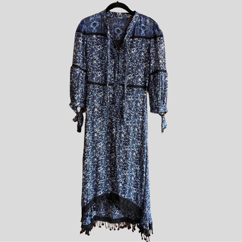 Elie Tahari Blue Floral Silk High Low Dress Crochet Hem Cottagecore